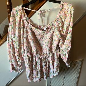 Crown & Ivy Floral Pink Smocked Women's Top